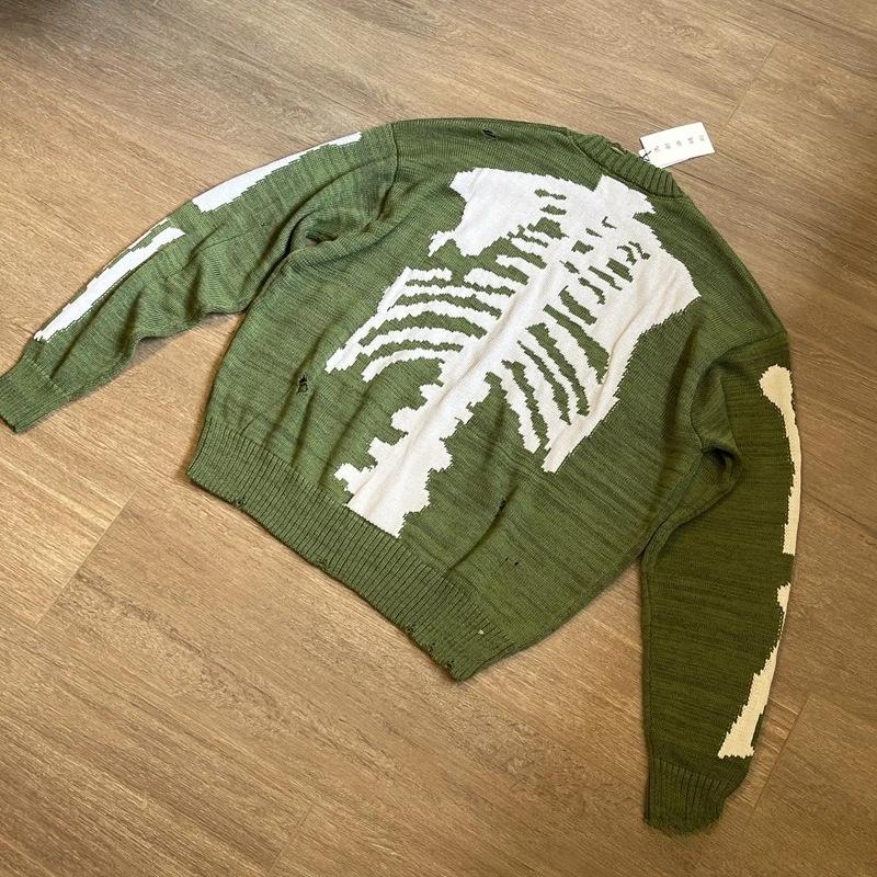 Japon KAPITAL derrière les os trou de squelette vert rétro pull en tricot pull ample pull à manches