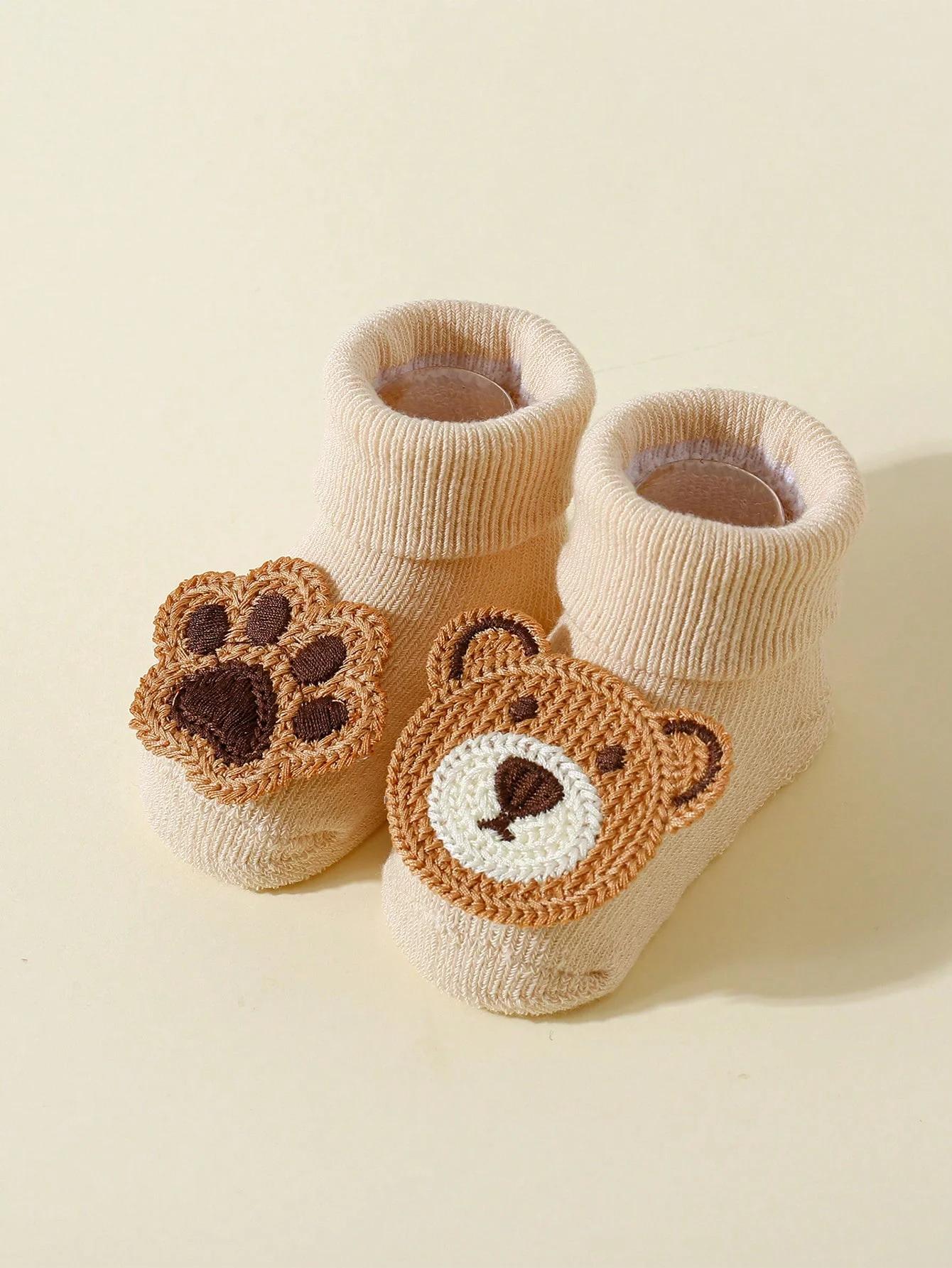 4 paires de chaussettes ours de dessin animé mignon pour bébé, chaussettes antidérapantes en coton d