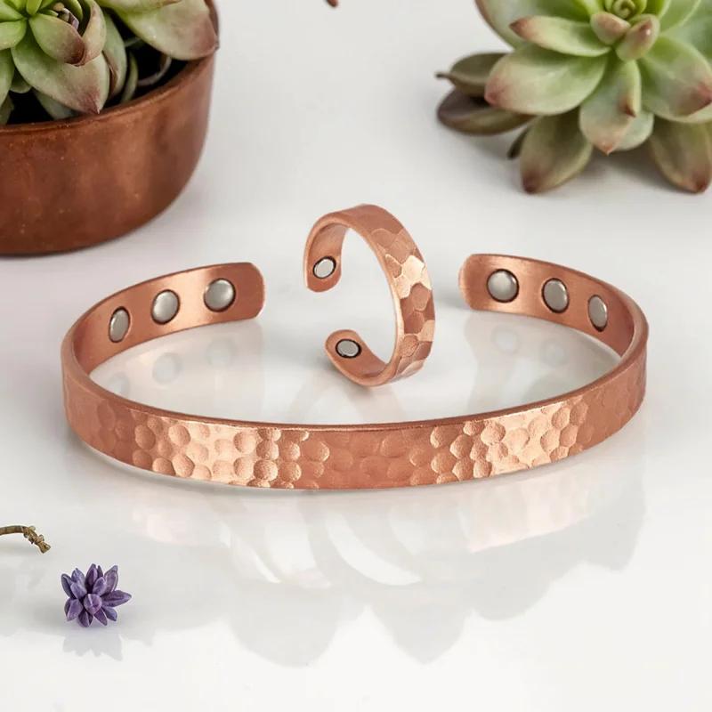 Ensemble de bracelets et bagues en cuivre pur, 2 pièces, conception de motif de marteau réglable, be