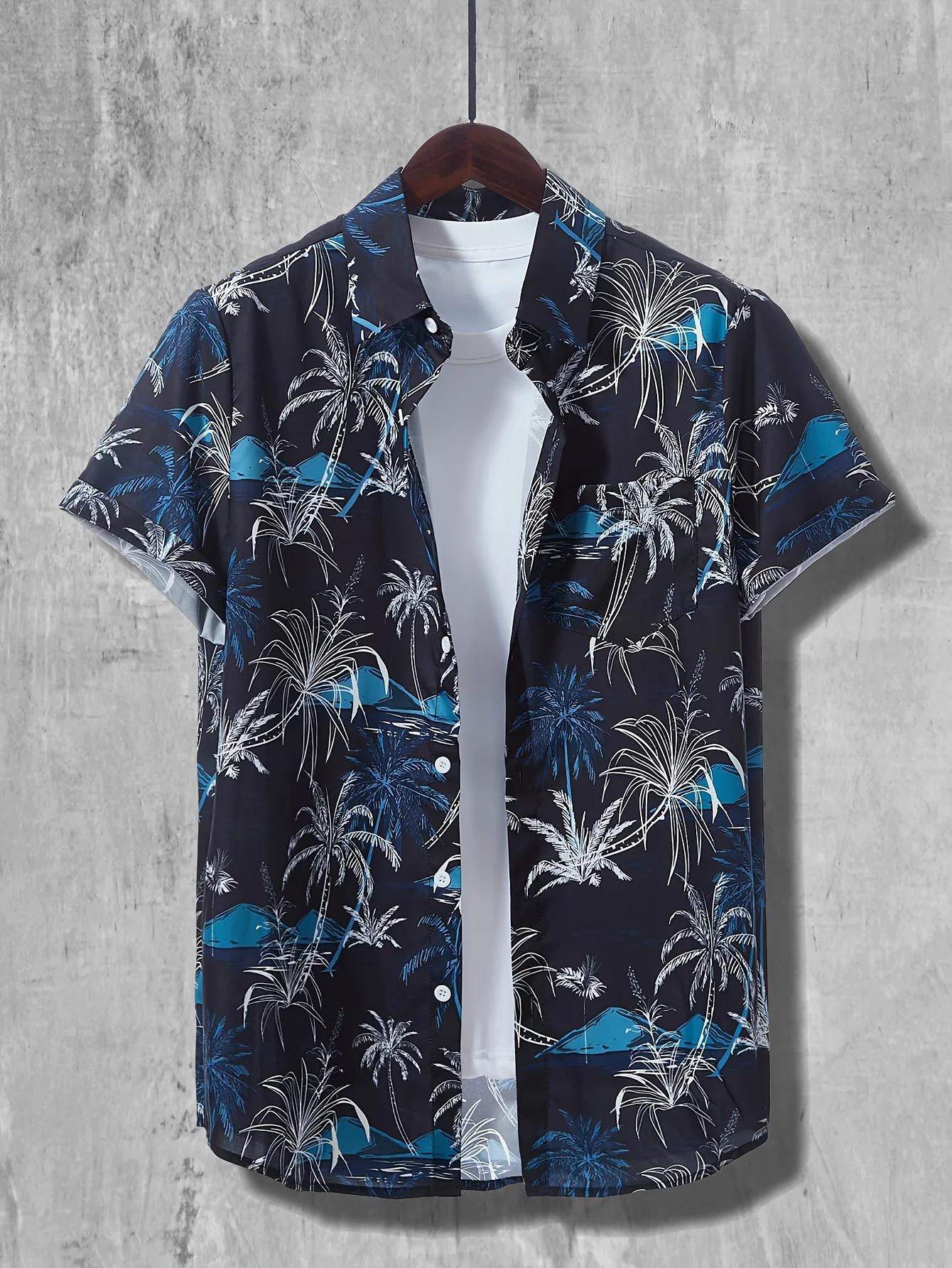 Chemise hawaïenne imprimée cocotier, chemise décontractée à manches courtes boutonnée pour hommes po