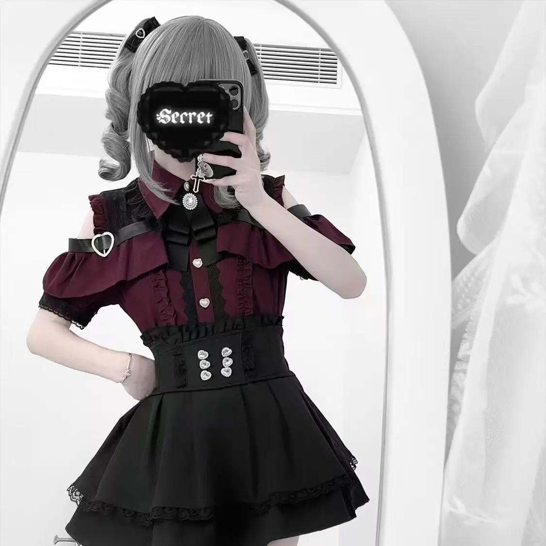 Ensemble Lolita de Type sol en forme de cœur doux foncé, haut à manches à volants et jupe trapèze, j