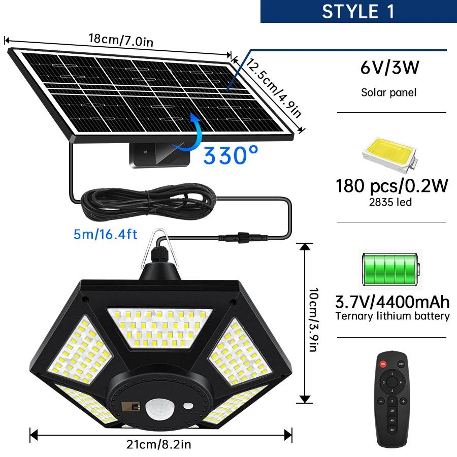Lampe solaire suspendue pour hangar, intérieur et extérieur, 228/180 LED, 1000lm, 5 Modes, avec télé