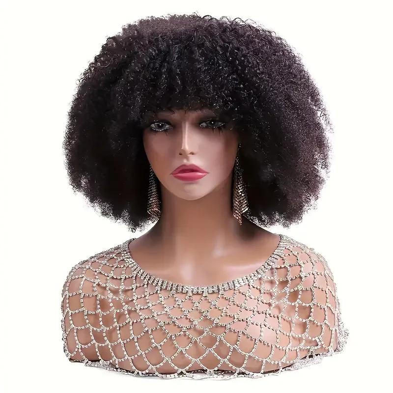 Perruque Brésilienne Remy 180% Naturelle Crépue Bouclée avec Frange, Cheveux Courts Faits à la Machi