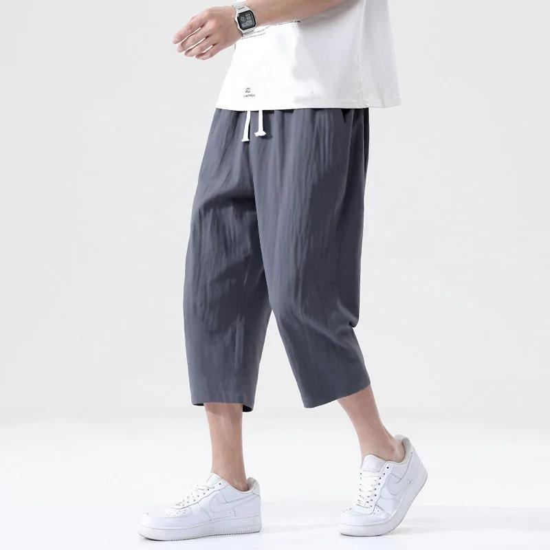 Pantalon court en lin pour hommes, décontracté, couleur unie, jambe droite, léger, grand, imitation