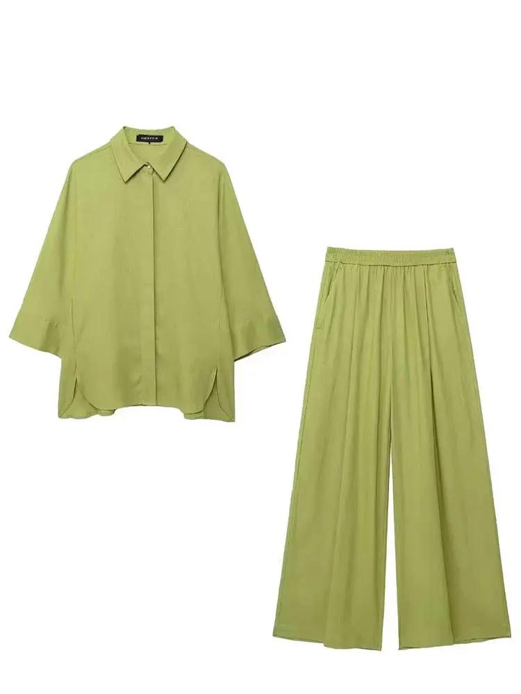 HH femmes décontracté solide Blouse pantalon ensembles ample à manches longues revers chemises taill