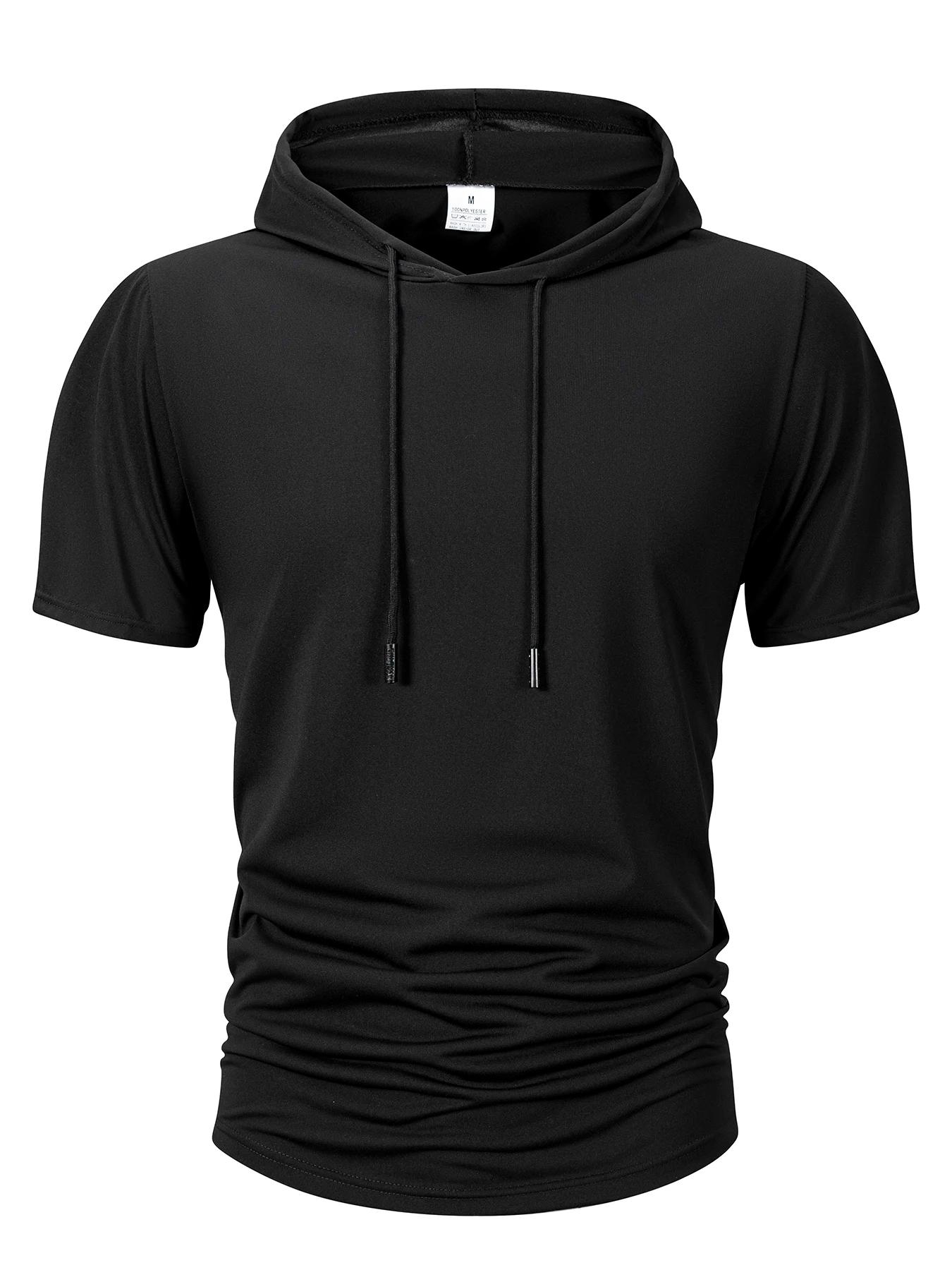 Sweat-shirt à capuche pour hommes, décontracté, manches courtes, ample, couleur unie, léger, Fitness