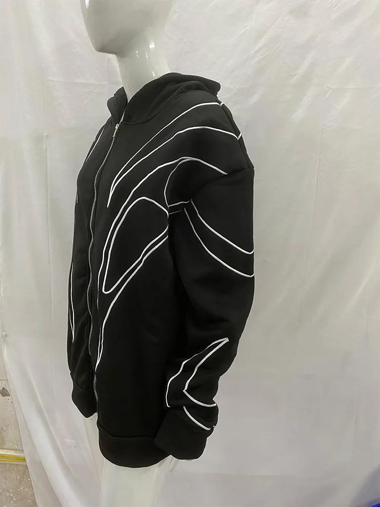Rue rétro mode vêtements rayé brodé noir Double fermeture éclair à capuche américain Hip-hop Punk su
