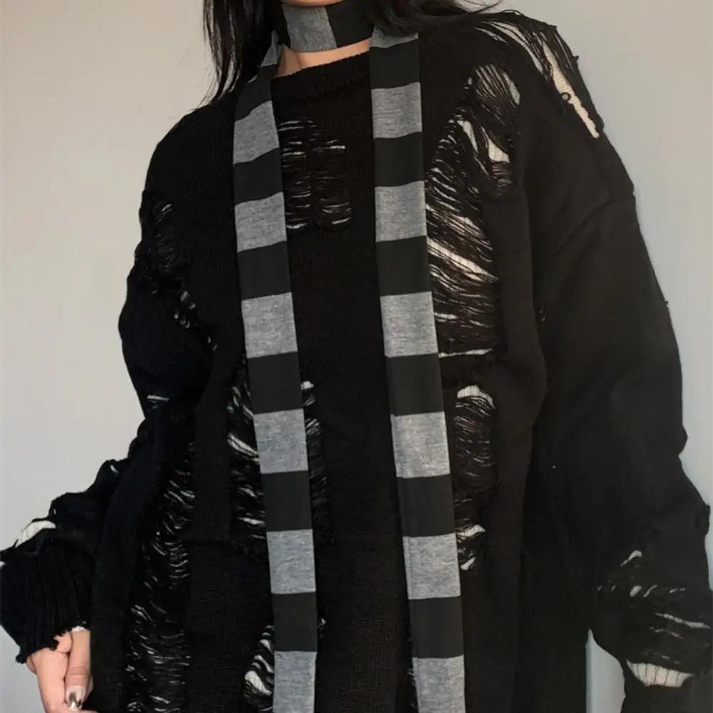 Écharpes en coton Harajuku pour femmes, longues écharpes à rayures noires et grises, mouchoir décora