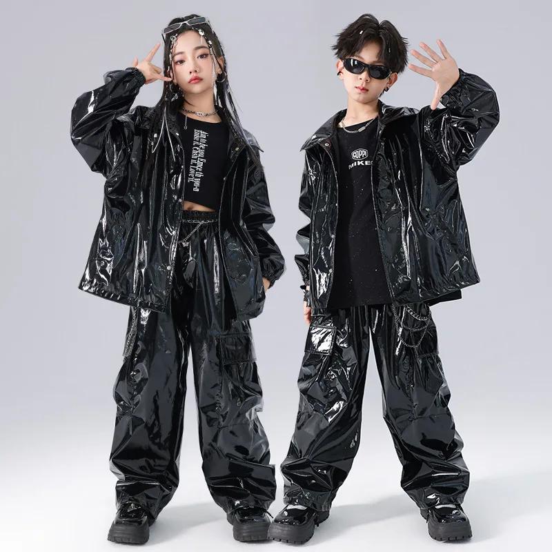 Ensembles veste et pantalon en cuir brillant pour enfants, vêtements de performance de danse sur scè