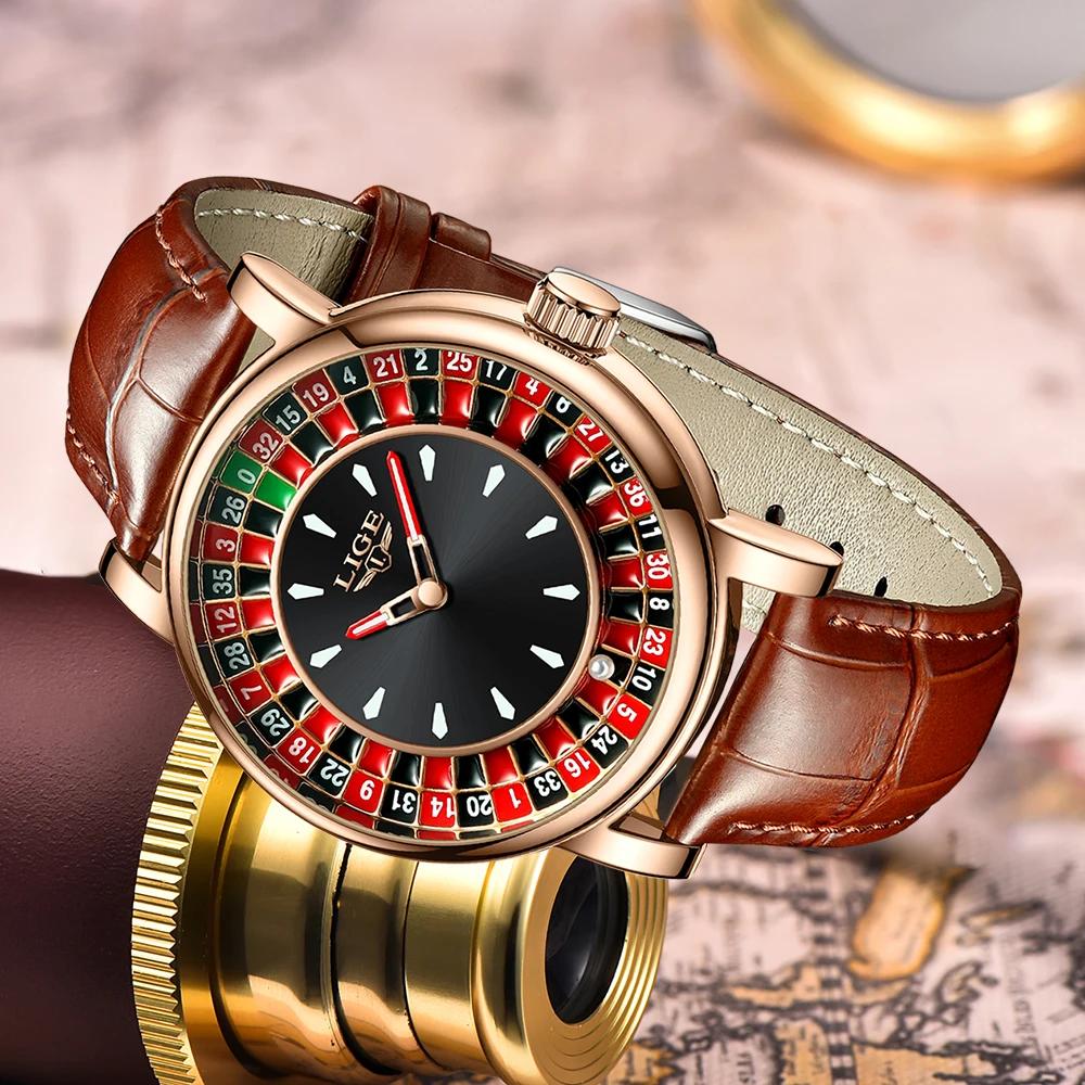 LIGE mode cuir marron hommes montre cadran rotatif Las Vegas Roulette bureau thème montre hommes éta
