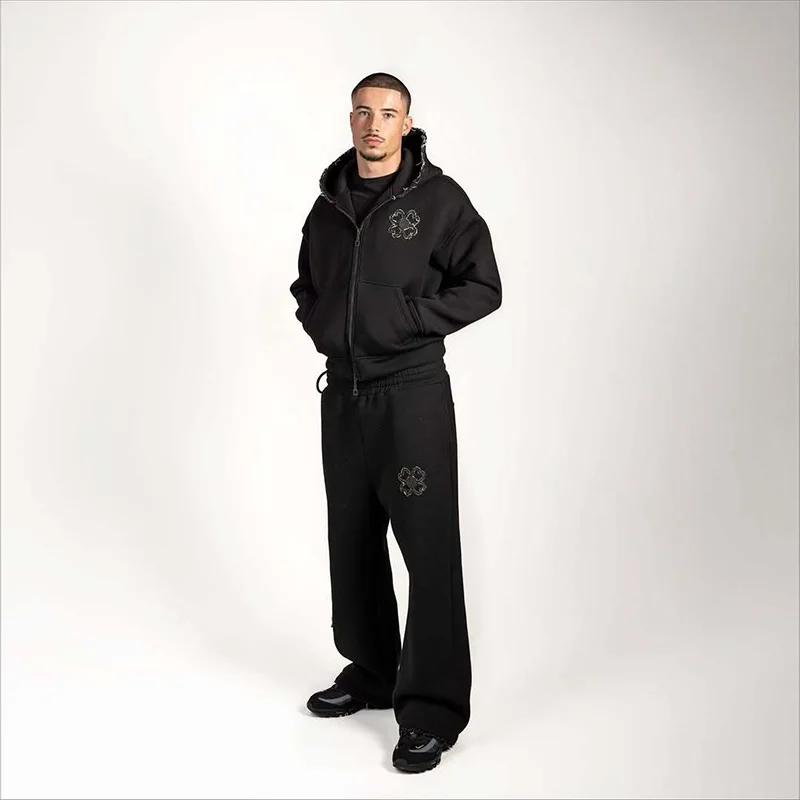 Ensemble survêtement homme printemps-automne, sweat à capuche zippé avec applique trèfle à quatre fe