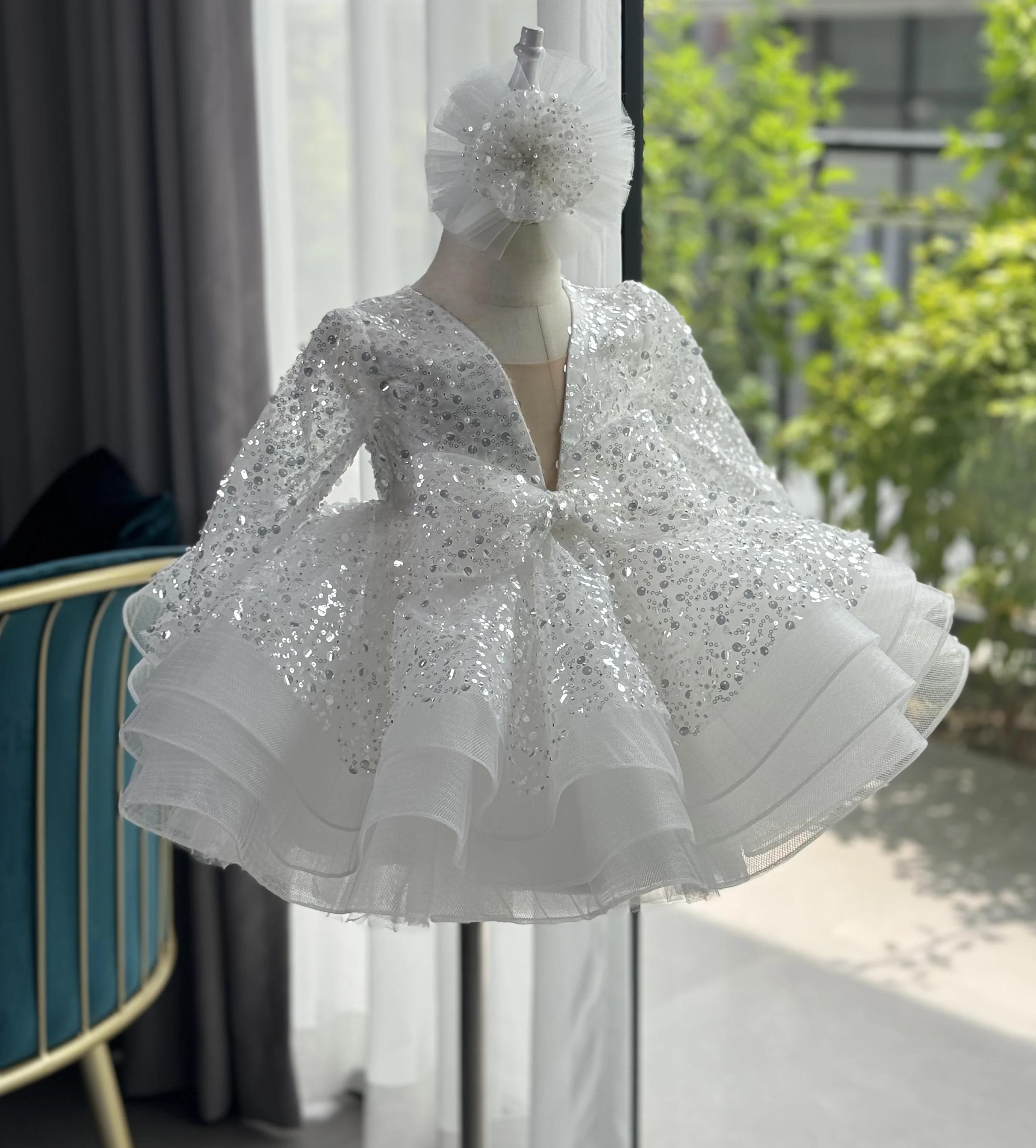 Robe à paillettes pour filles, élégante et unique, à fleurs, robe de soirée de mariage pour enfants,