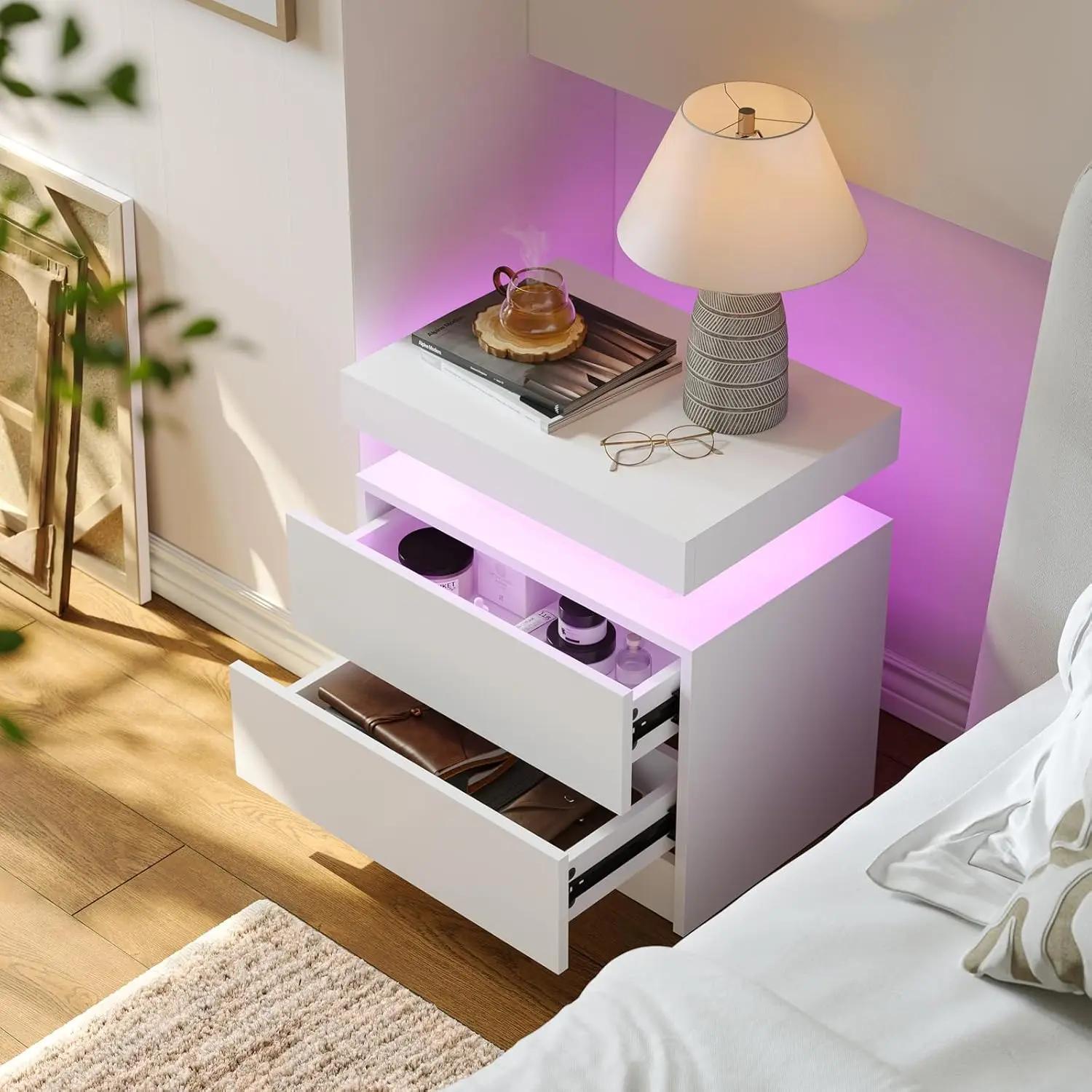 Table de chevet LED blanche, table de chevet moderne pour chambre à coucher avec 2 tiroirs en bois,