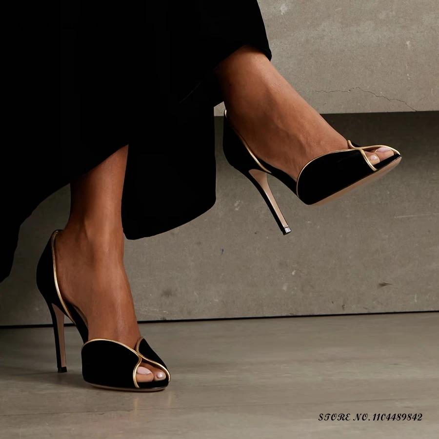 Escarpins en velours avec garniture en cuir doré pour femmes, chaussures de soirée à bout rond et ta