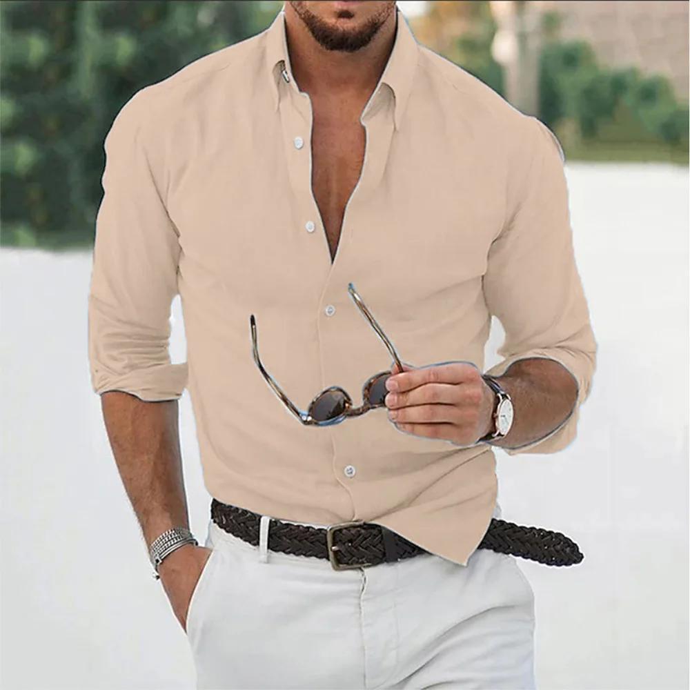 Chemises en coton et lin pour hommes, hauts décontractés, amples, couleur unie, manches longues, rev