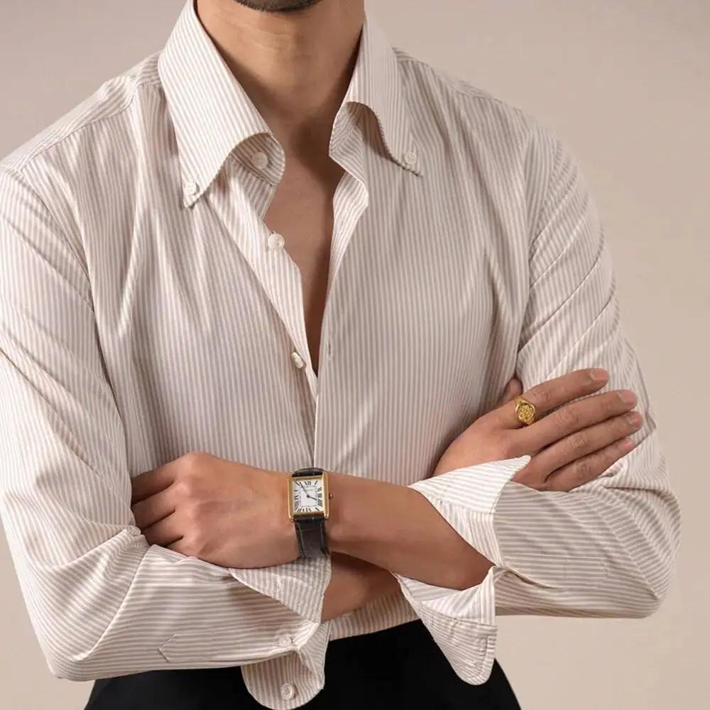 Chemise à manches longues rayée anti-rides pour hommes, style italien, chemise décontractée pour aff