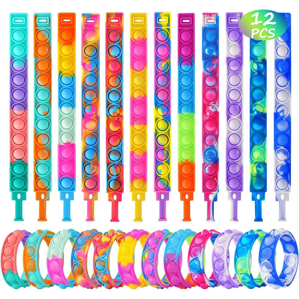 12 pièces Fidget Toys Pop Bracelet cadeaux de fête Bracelets à bulles Push Poping sensoriel anti-Str