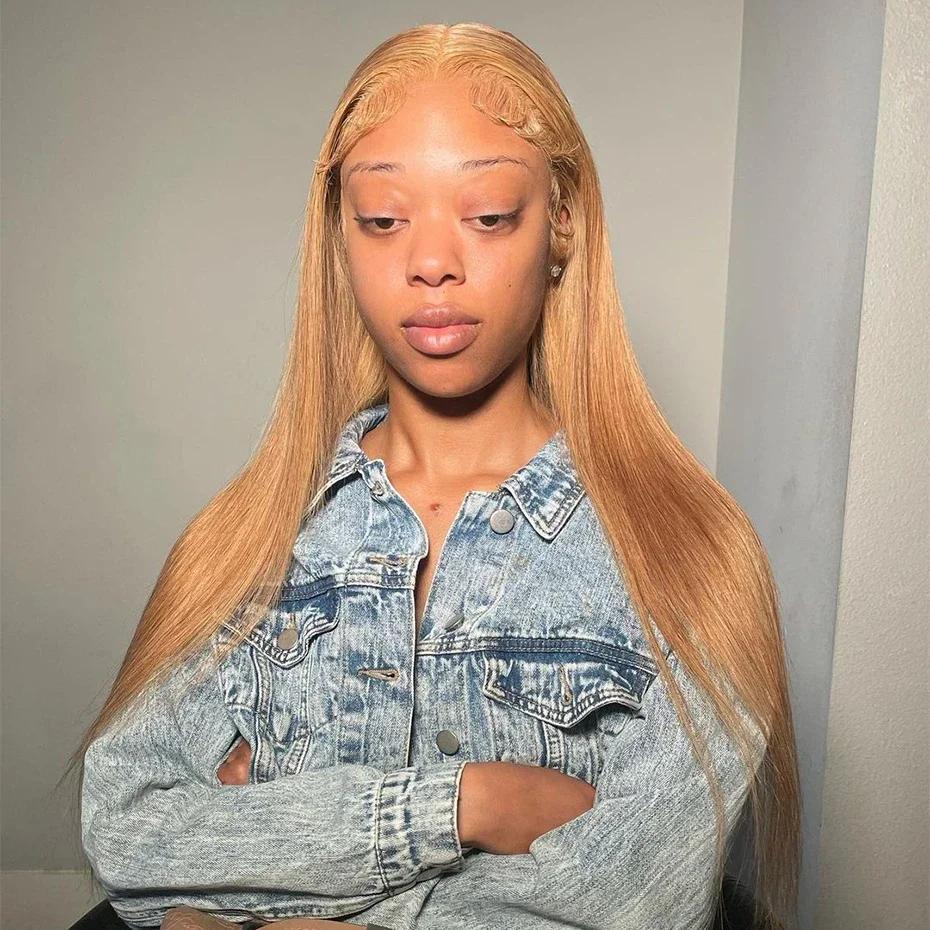 Perruques avant en dentelle HD blond miel 13X6 # 27 perruques frontales droites brésiliennes colorée