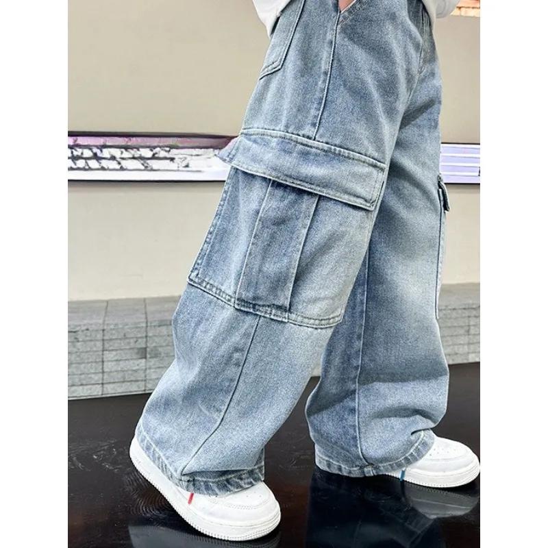 Pantalons cargo en denim pour garçons, mode printemps-automne, jeans décontractés pour enfants et ad