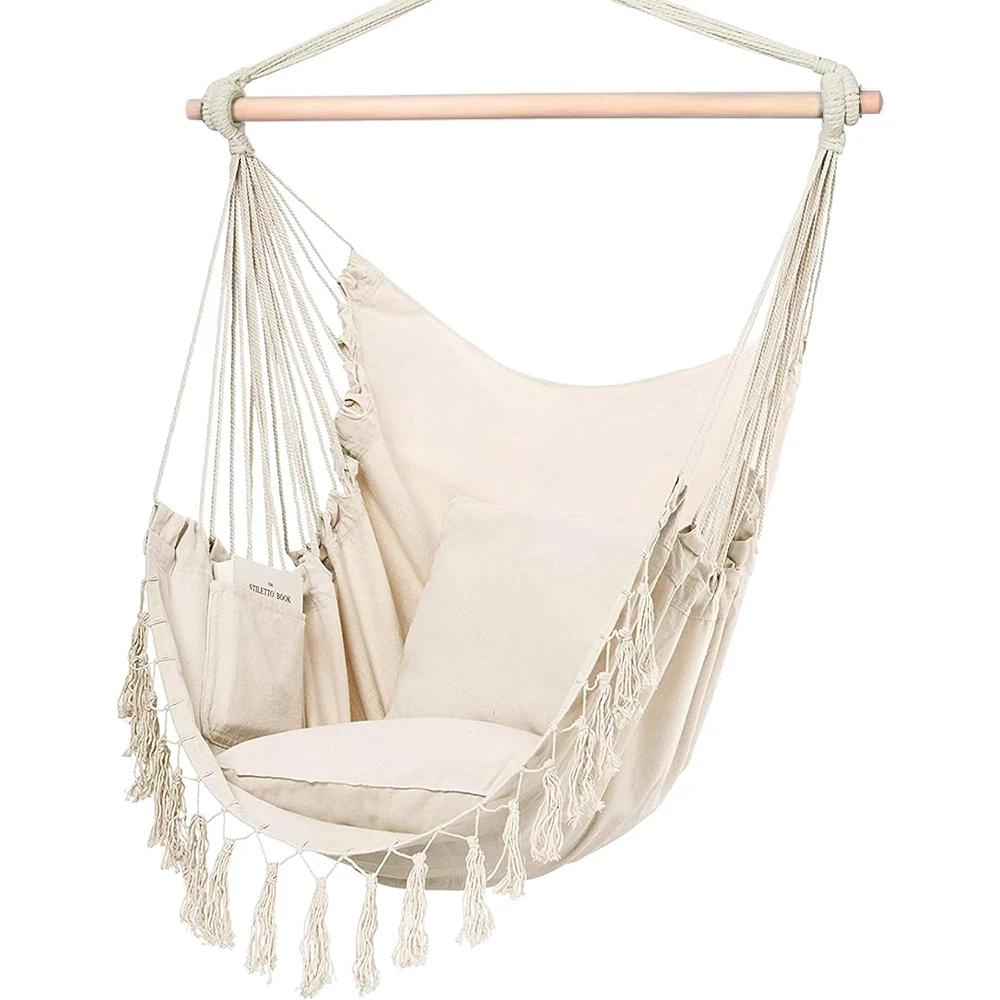 Chaise suspendue en macramé avec 2 oreillers | Balançoire en corde de coton d'une capacité de 500