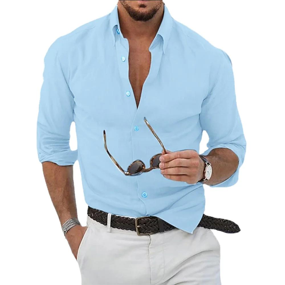 Chemises en coton et lin pour hommes, hauts décontractés, amples, couleur unie, manches longues, rev