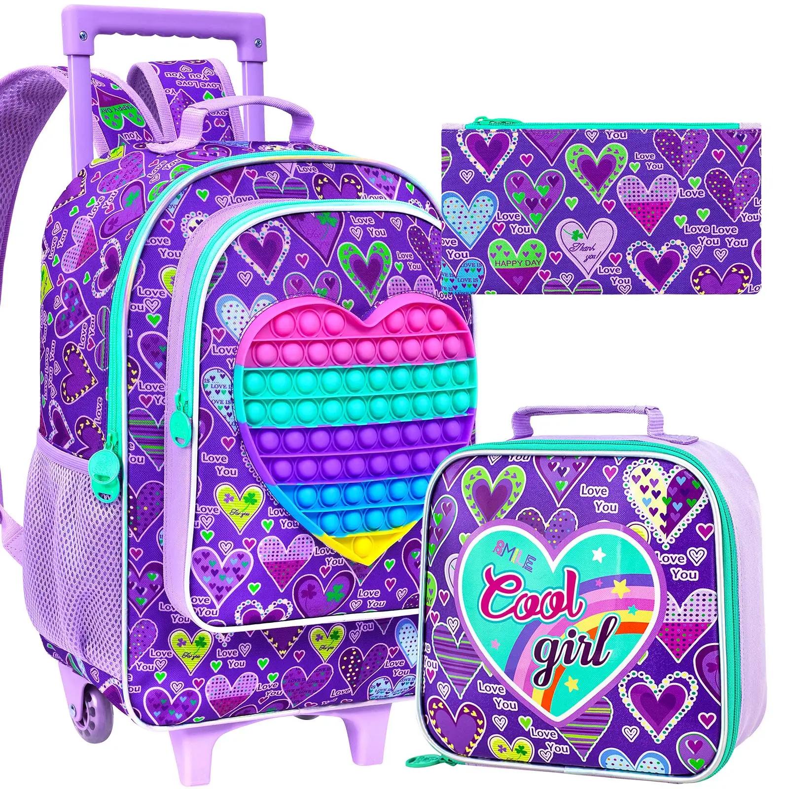 Sac à dos roulant 3 pièces pour filles, sac à livres à roulettes pour enfants, sac d'école à roulett