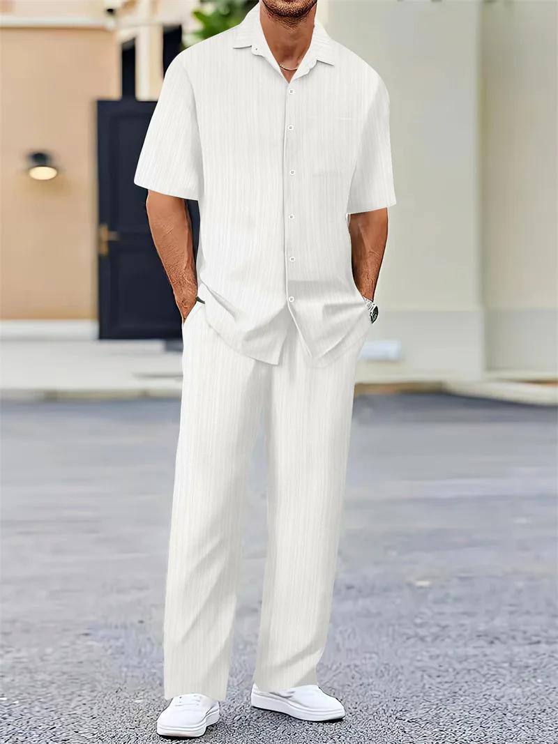 Printemps été hommes ensembles cardigan à manches courtes chemise à revers + pantalon costume hommes