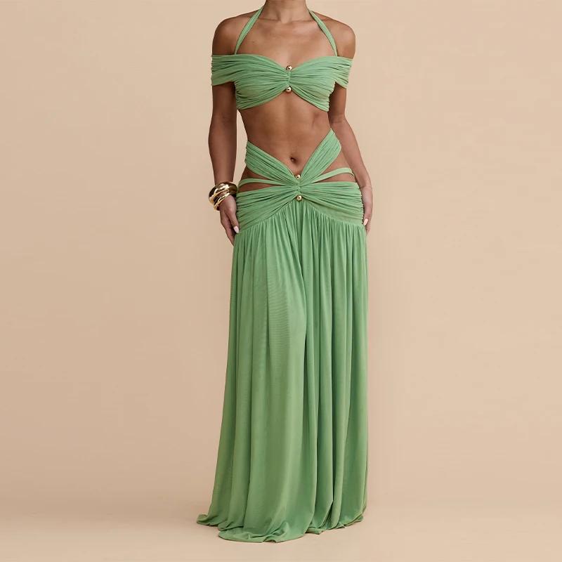 Ensemble deux pièces élégant à sequins floraux pour femme : haut court asymétrique à une épaule + mi