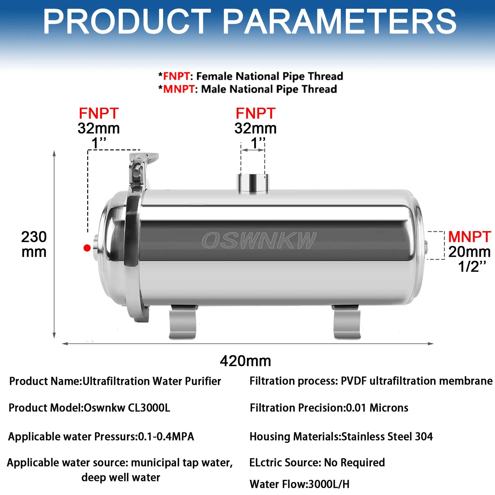 Purificateur d'eau d'ultrafiltration pour toute la maison PVDF à grand débit, pré-filtre 0,01 um, du