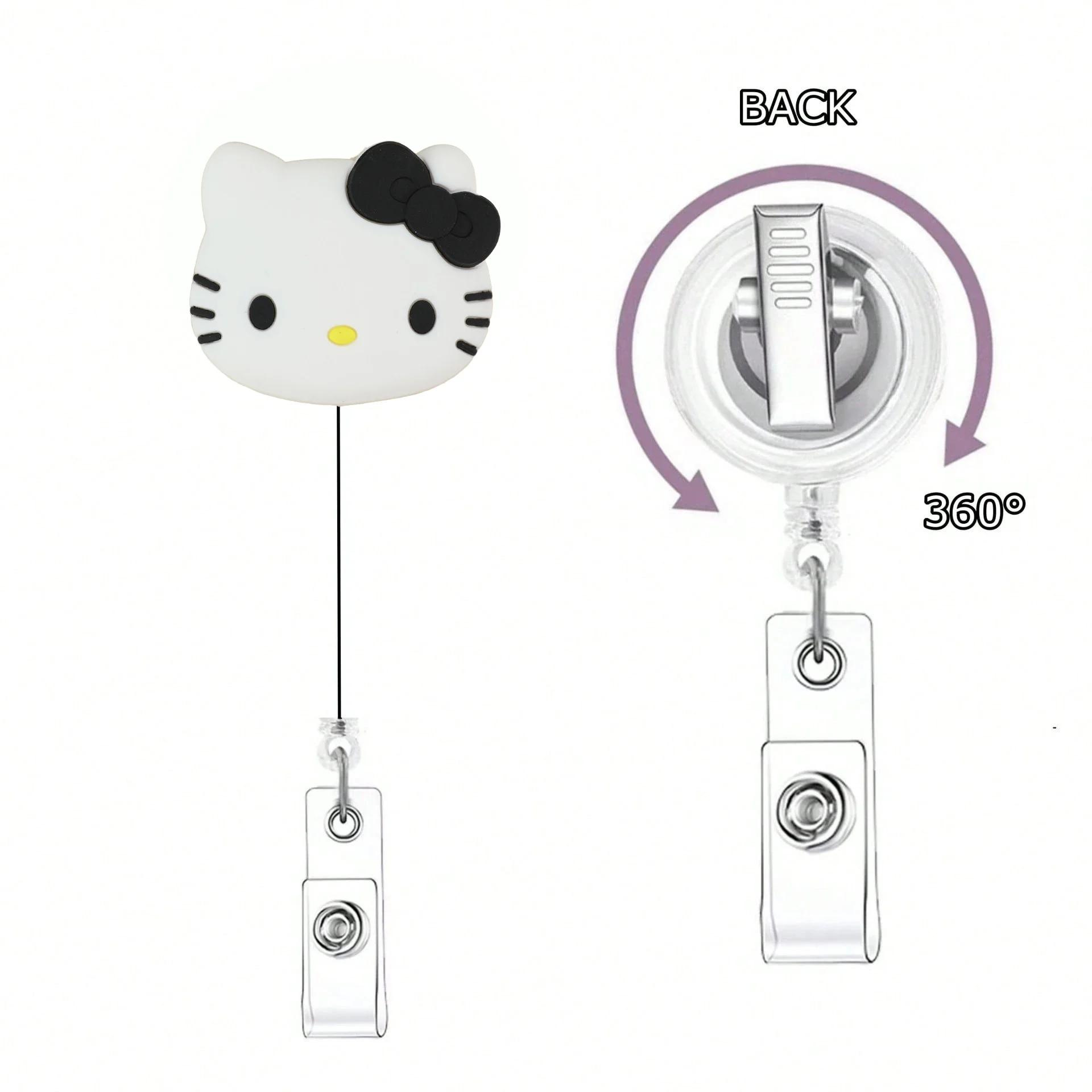 Porte-badge rétractable Sanrio Cat Kawaii en acrylique scintillant 360° ° Spinner avec porte-clés