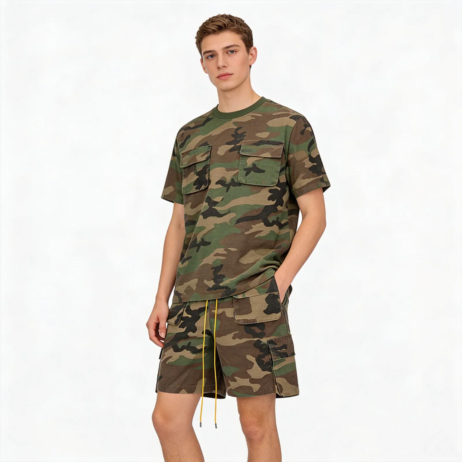 Shorts cargo camouflage pour homme, style streetwear, multi-poches, coupe oversize, avec cordon de s