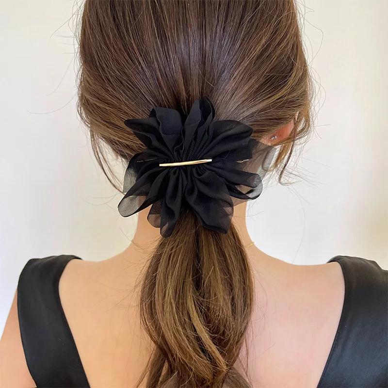 Grand printemps pinces à cheveux femmes métal mousseline de soie fleurs élastique pour queue de chev
