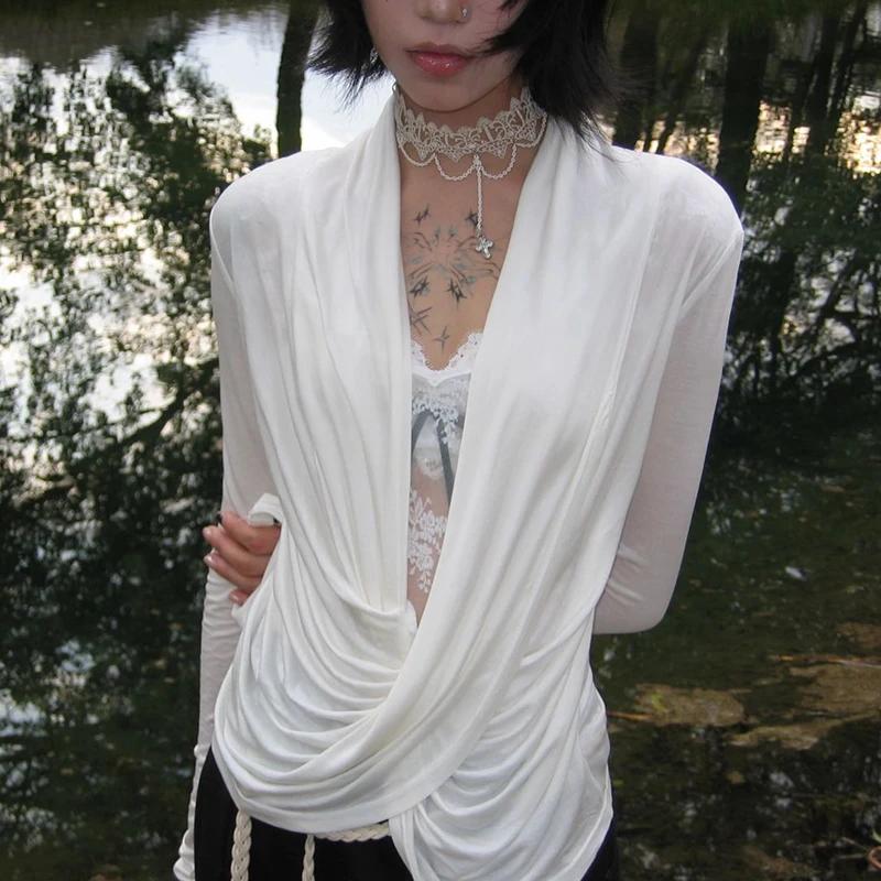 Karrram japonais Y2k croix hauts Trashy 2000s Style col en v à manches longues T-shirt Vintage Haraj