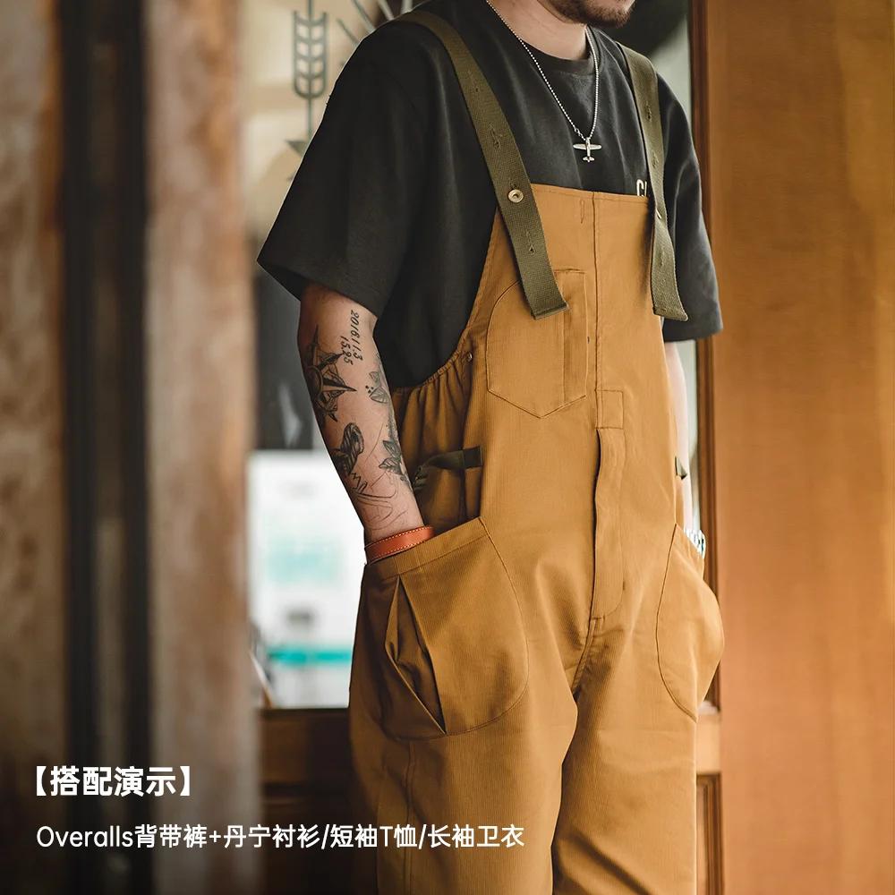 Maden-Pantalon à bretelles rétro américain pour hommes, vêtements de travail, baril droit Amekaji, p