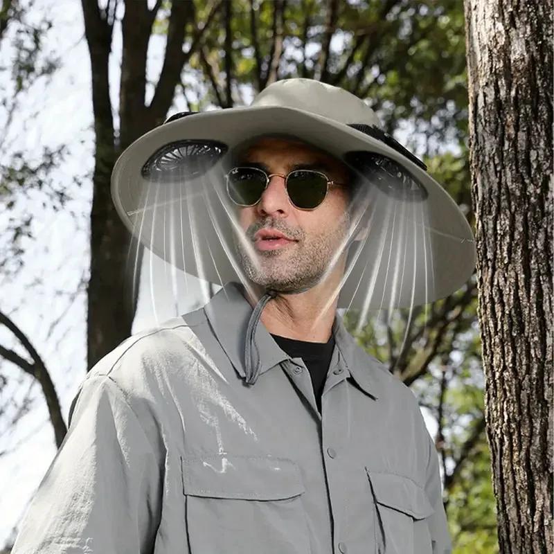 Chapeau de soleil d'été d'extérieur avec 2 ventilateurs, large bord, sangle coupe-vent, chargement s