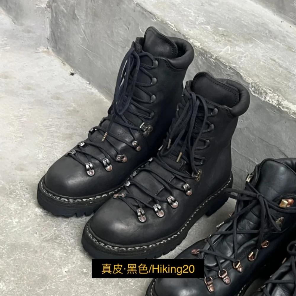 Bottes de moto en cuir véritable pour hommes, chaussures d'alpinisme à lacets en métal, bottes de ra