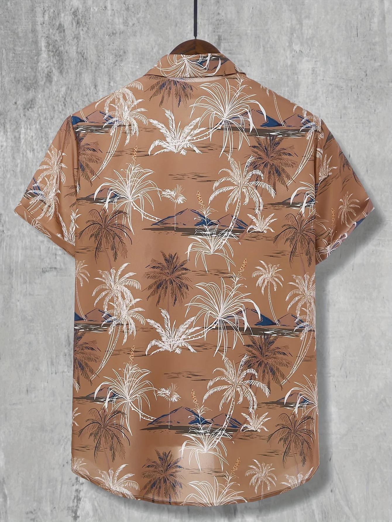 Chemise hawaïenne imprimée cocotier, chemise décontractée à manches courtes boutonnée pour hommes po