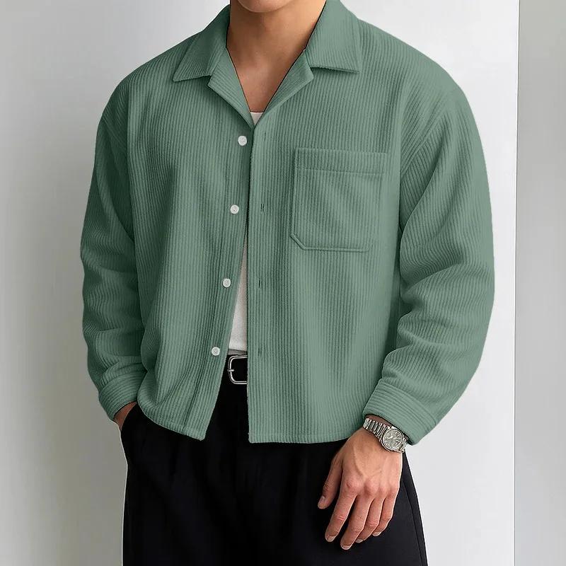 Chemises courtes en velours côtelé pour hommes, manches longues, couleur unie, col de costume, chemi