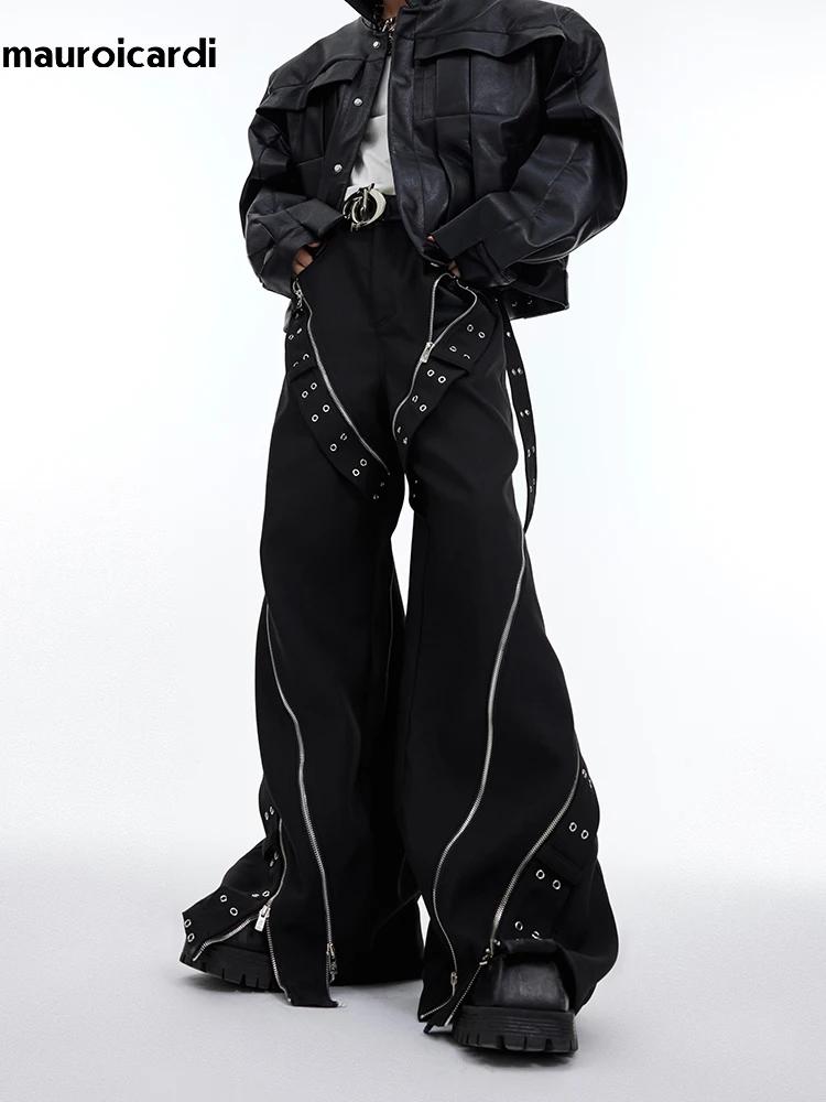Mauroicardi-Pantalon Baggy à Jambes Larges pour Homme, Streetwear Cool, Long, Noir, Flowy, Vêtements