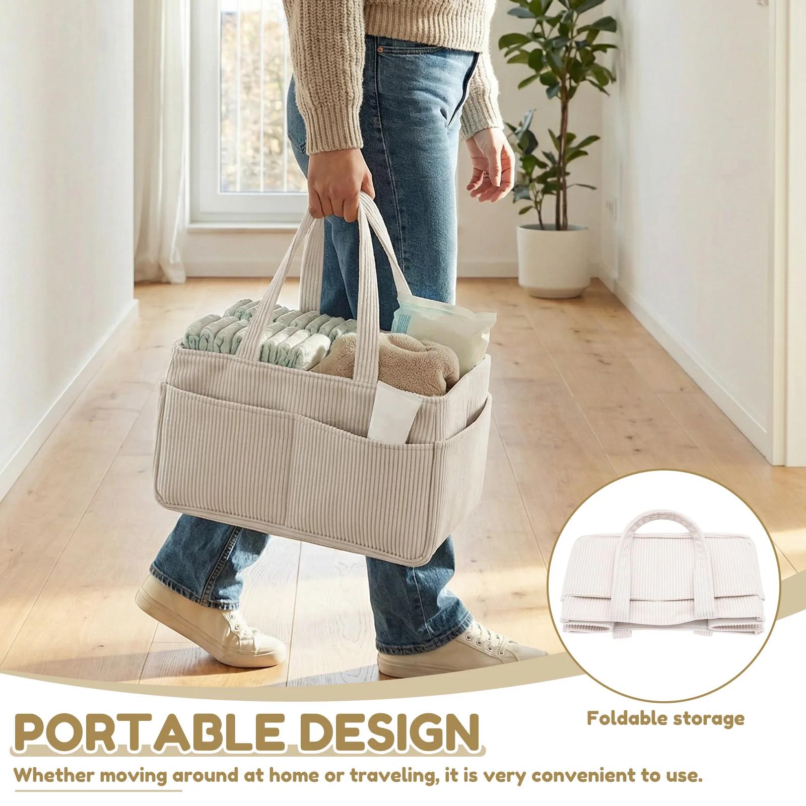 Organisateur de couches pour bébé en velours côtelé, panier de rangement pliable multi-poches avec p