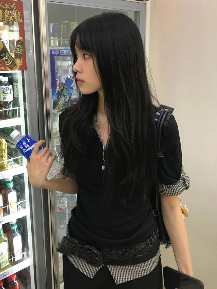 Genayooa américain rétro Patchwork chemise femmes demi manches chemises décontractées Y2k Vintage fa