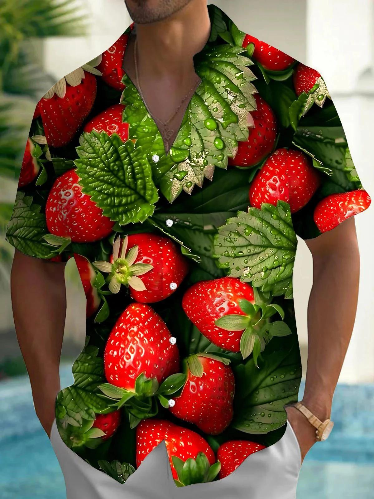 Chemise hawaïenne à manches courtes pour hommes, imprimé fruits fraises, tissu en Polyester, adapté
