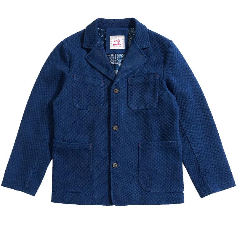 Veste Cargo Indigo en Coton pour Homme, Manteau à Revers, Multi-Poches, Vintage, Optique Française,