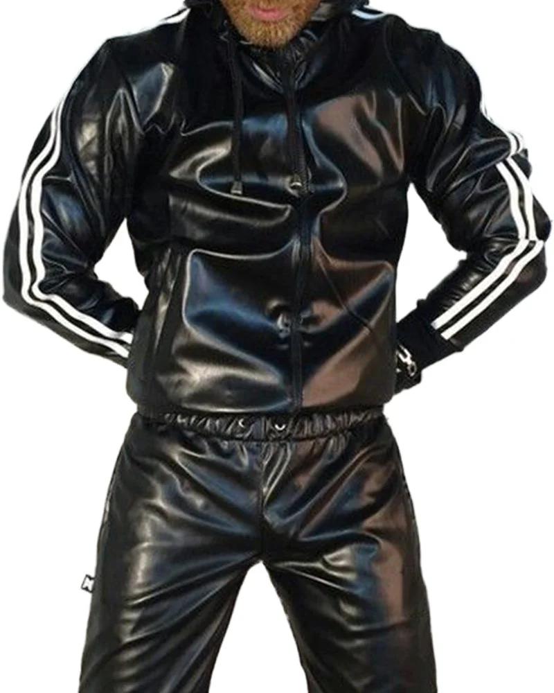 Costume à capuche en cuir PU pour hommes, vêtements de sport décontractés, costume de Jogging, vêtem