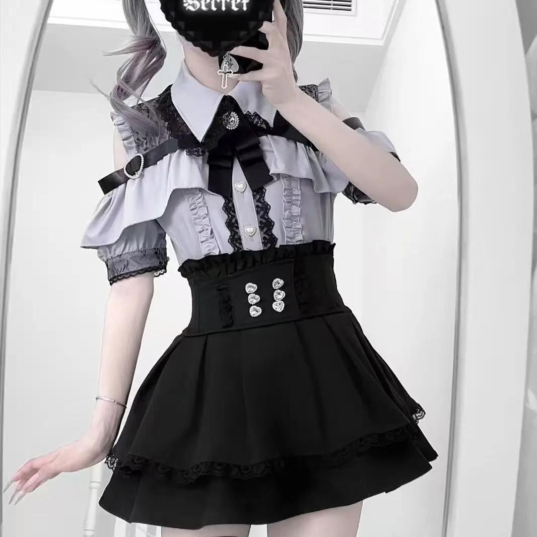 Ensemble Lolita de Type sol en forme de cœur doux foncé, haut à manches à volants et jupe trapèze, j