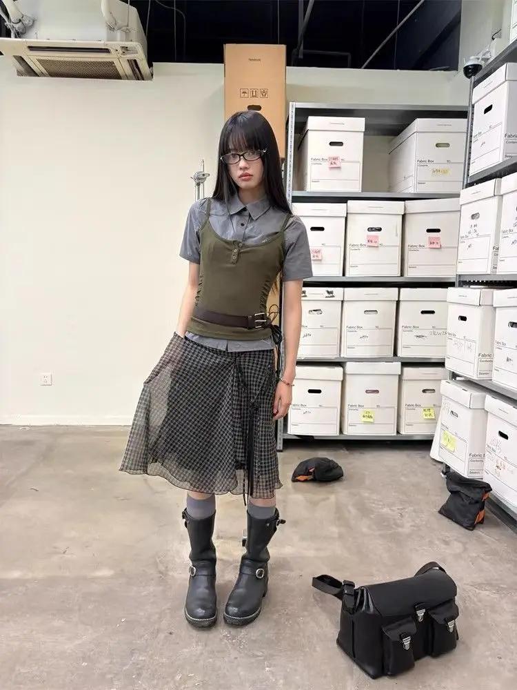 Deeptown Vintage Plaid maille jupes femmes japonais asymétrique mi jupe Y2k Harajuku à lacets jupes