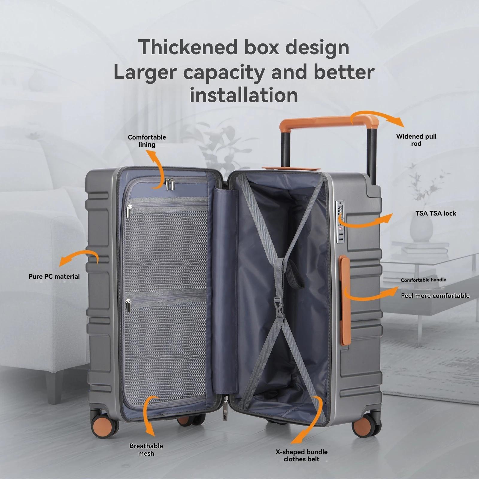 Valise à roulettes grande capacité en PC pur avec poignée large, légère, avec serrure douanière, rou