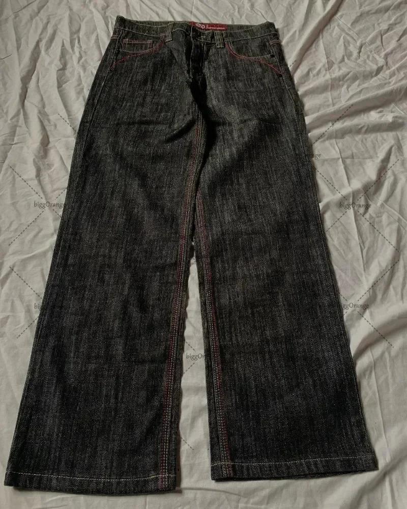 Jean brodé avec lettres patchwork américaines pour hommes, style gothique Harajuku, jambes larges, p