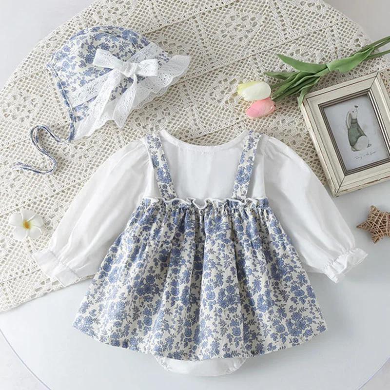 Combinaison coton manches longues nouveau-né fille - Costume batterie chapeau imprimé automne printemps