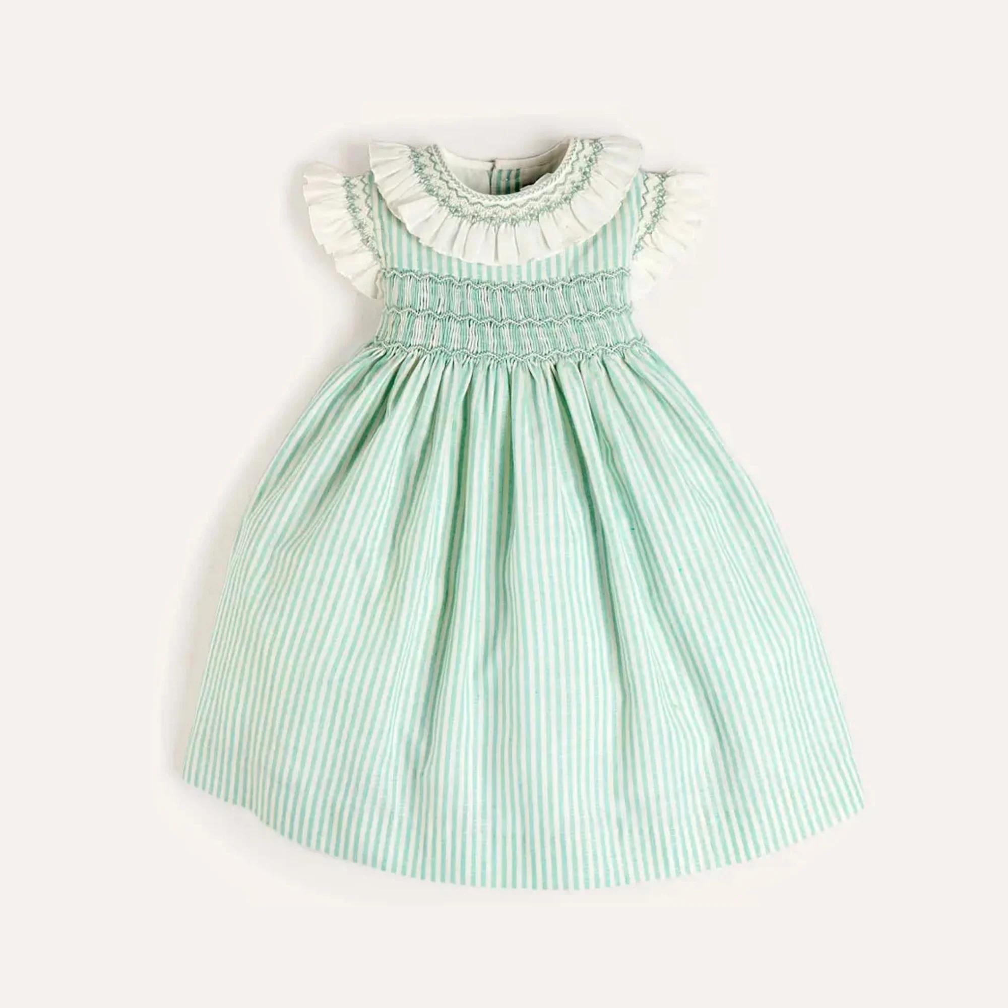 Robes d'été élégantes sans manches pour filles, couleur verte, rayées, avec col smocké à volants fai